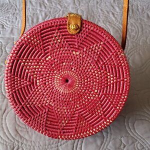 Wicker leather trim handbag